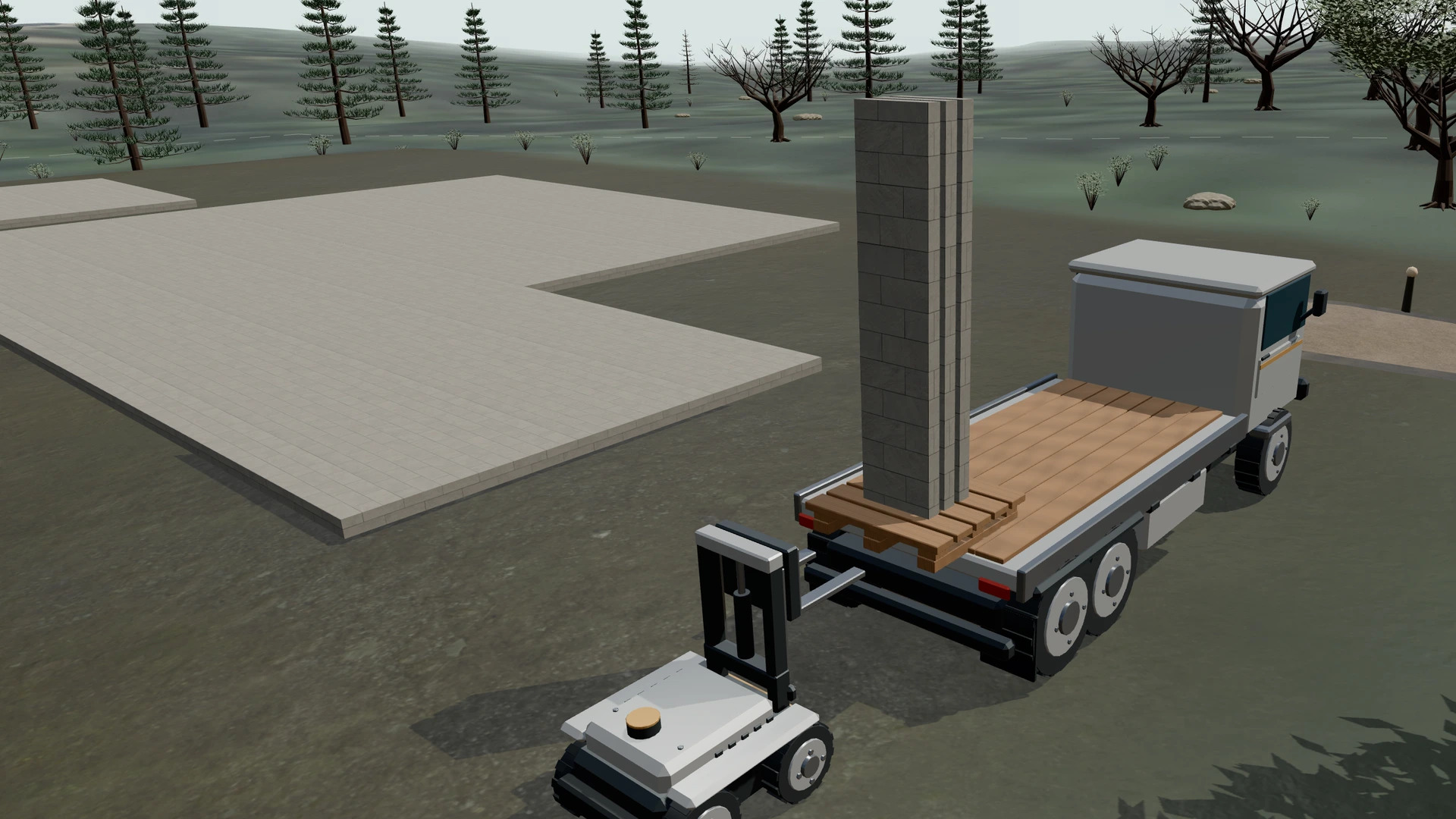 Construction robots delivering wall panels beside a Haven home foundation